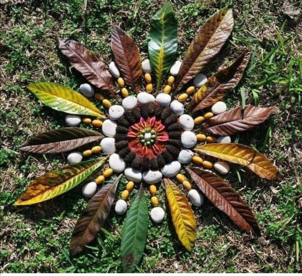 Mandala made from leaves and petals during a nature art session in Singapore